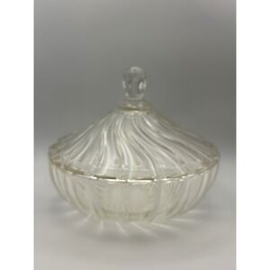 Vintage Clear Pressed Glass Swirl Candy Dish with Lid Scalloped Rim Trinket Jar